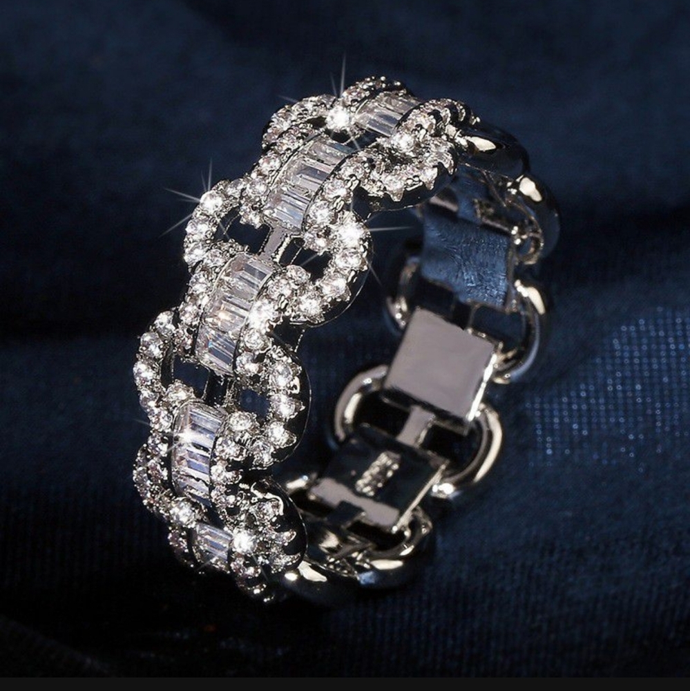 💎 Luxury Diamond Wrapped RING White Gold Chain Link Eternity Ring Modern size 6